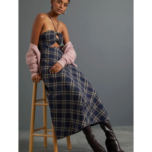 Anthropologie Dresses & Skirts - Anthropologie Pinnacle by Shruti Sancheti Plaid Midi Dress in Navy Blue sz 6